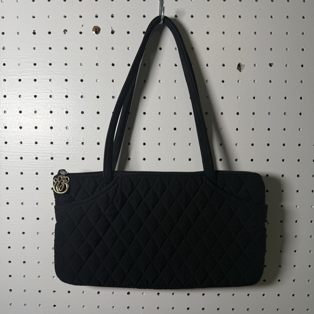 VERA BRADLEY QUILTED HANDBAG CLASSIC MEDIUM BLACK MICROFIBER INNER/OUTER POCKETS